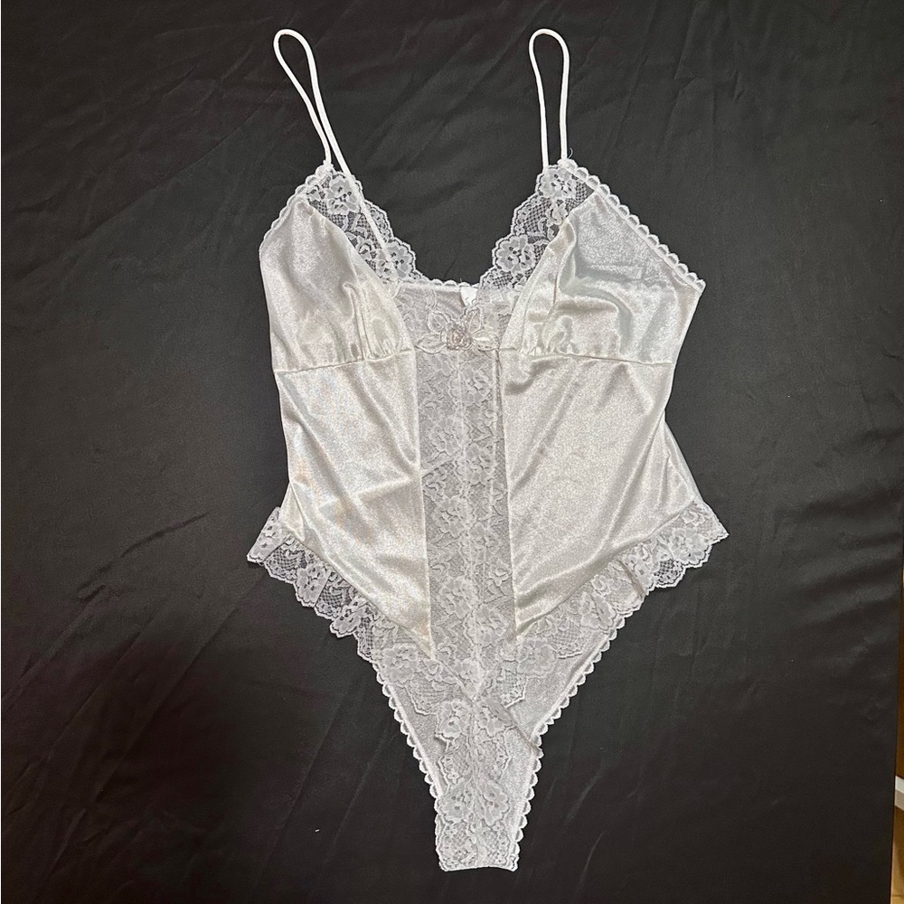 Vintage 1980s Inner Most Snap Crotch bridal Bodysuit Teddy Lingerie w lace